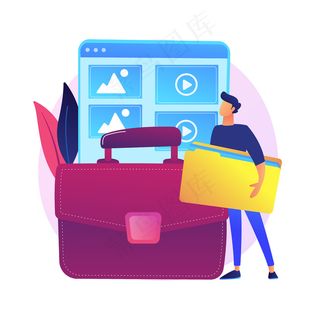 投资组合管理。以前的项目样本，作品目录，技能介绍。成功的平面设计师，网络开发卡通人物。