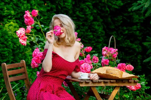 漂亮的金发女孩穿着红裙子在花园里喝咖啡