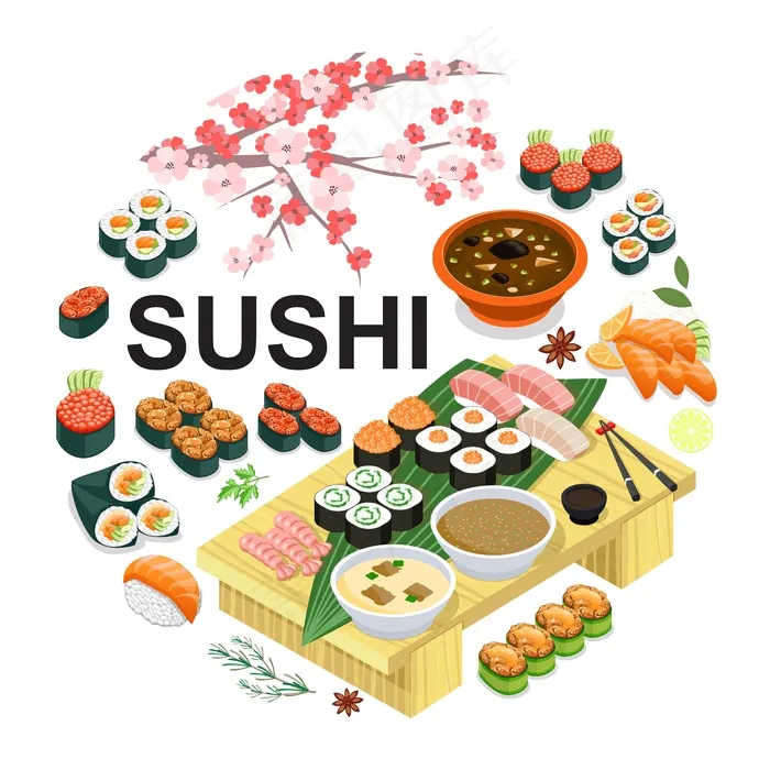 等距日本食物圆形概念，配寿司生鱼片芥末汤酱油筷子樱花樱桃枝插图eps,ai矢量模版下载