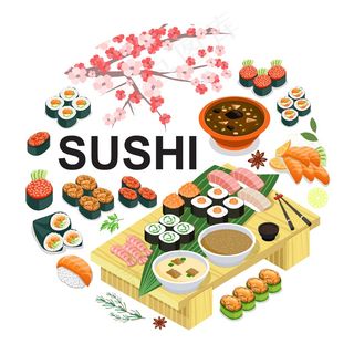 等距日本食物圆形概念，配寿司生鱼片芥末汤酱油筷子樱花樱桃枝插图