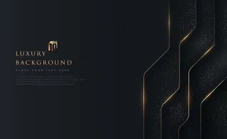 抽象几何重叠黑色背景与闪光和金色线条发光点金色组合。