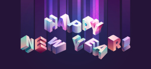 新年快乐矢量等距排版法，紫色和紫色，带渐变