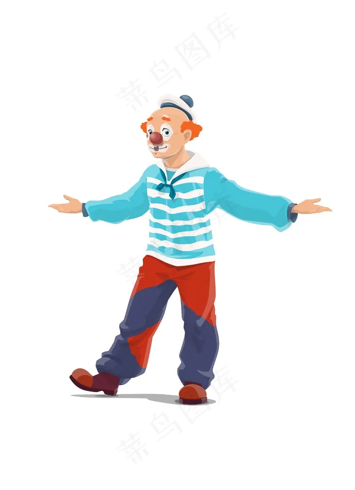 小丑，马戏团大顶尖的夏皮托小丑，funfair嘉年华卡通人物。复古大顶马戏团小丑，戴着红色假发和海军水手帽，穿着大靴子和宽裤子，戴着微笑面具和红鼻子eps,ai矢量模版下载