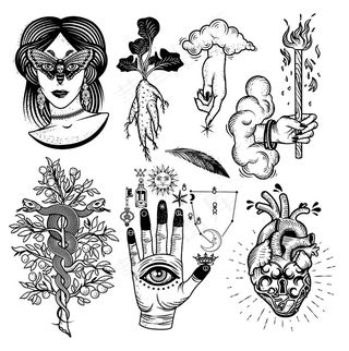 神秘主义的背景是长着蛾眼的女人，曼德拉的根，树上的蛇，手上的炼金术符号，上帝的手和云，心锁。插图。