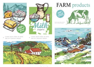 素描农场丰富多彩的组成与乳制品奶牛夏季和冬季农村景观