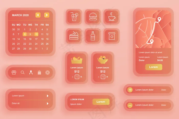 食品配送手机app移动应用程序app的Gui元素eps,ai矢量模版下载