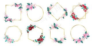 一套水彩花框婚礼会标和品牌标志设计