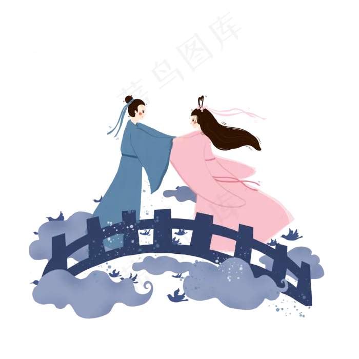 七夕情人节蓝色系牛郎织女鹊桥相(3500X3500(DPI:500))psd模版下载