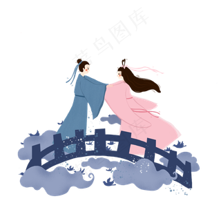 七夕情人节蓝色系牛郎织女鹊桥相