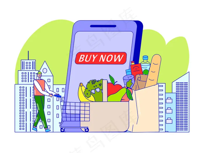 食品杂货店手机app移动应用程序，插图。在网上商店购物，顾客手推车靠近智能手机