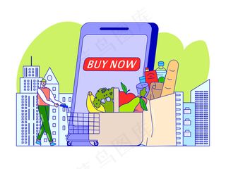 食品杂货店手机app移动应用程序，插图。在网上商店购物，顾客手推车靠近智能手机