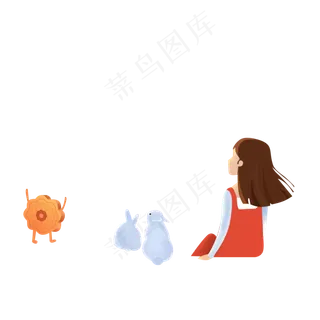 卡通手绘中秋节月饼兔子和小女孩