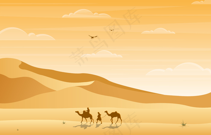 骆驼骑手穿越浩瀚荒山阿拉伯景观插画