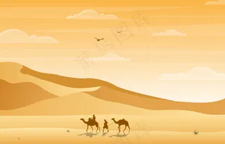 骆驼骑手穿越浩瀚荒山阿拉伯景观插画