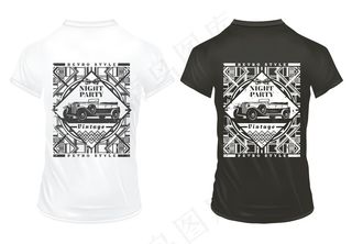 复古夜派对印花模板上印有经典汽车和几何复古花饰