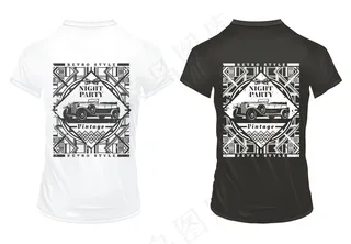 复古夜派对印花模板上印有经典汽车和几何复古花饰