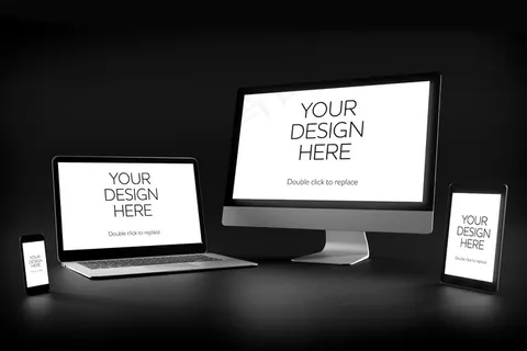 智能手机、平板电脑、台式电脑和笔记本电脑的实物模型样机视图