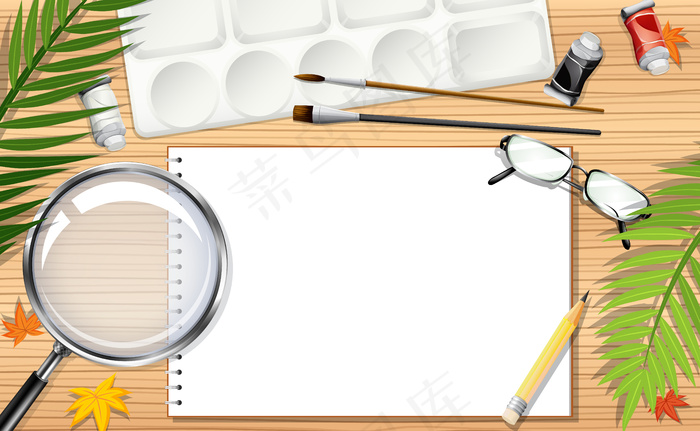 带绿叶办公元素的顶视图办公桌