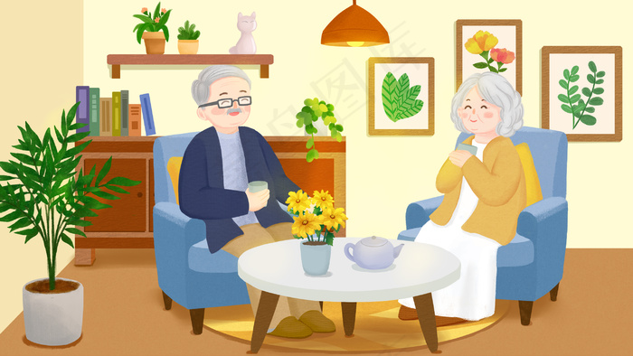 温馨重阳节老年夫妇悠闲时光手绘插画