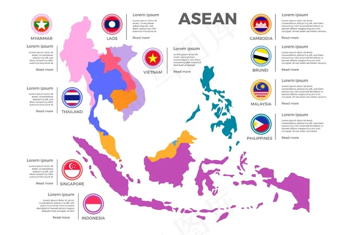白色背景的东盟地图eps,ai矢量模版下载