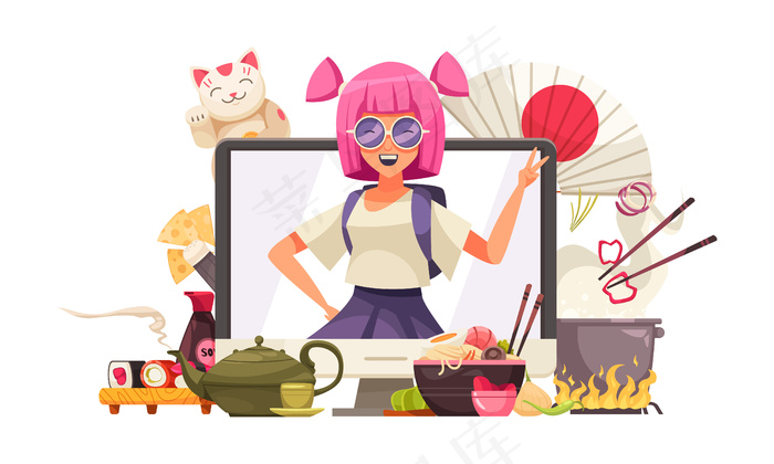 日本组合，电脑屏幕，动漫女孩，茶具，寿司和卡瓦伊猫eps,ai矢量模版下载