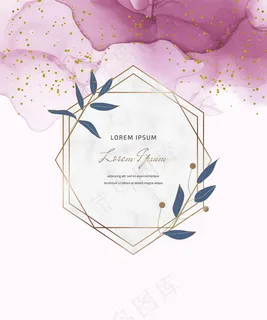 粉红色酒精墨水卡与几何大理石框架和树叶，五彩纸屑。抽象的手绘背景。