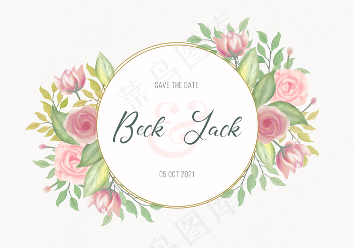 优雅的婚礼请柬，水彩花框