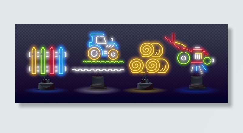 农业霓虹灯图标，矢量霓虹灯在深色背景上发光