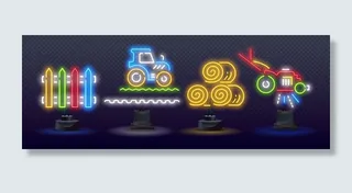 农业霓虹灯图标，矢量霓虹灯在深色背景上发光