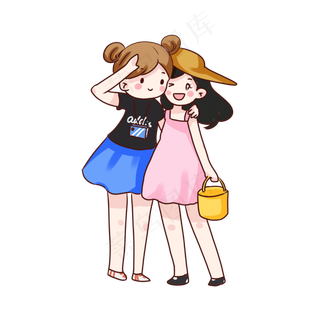 手绘卡通国庆节闺蜜出游