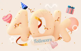 四万或四万粉丝感谢你粉色的心，金色的五彩纸屑和霓虹灯。