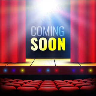 即将到来的旗帜banner。带窗帘、探照灯和灯光的剧院舞台。讲台。音乐厅。展览海报。插图。