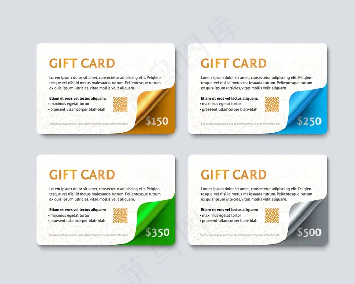 一套带有金、银、绿、蓝几何曲线角的礼品折扣卡。eps,ai矢量模版下载