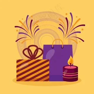 欢乐排灯节贺卡，带礼物和蜡烛庆祝