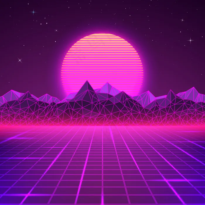 紫色复古景观。未来行星霓虹山和日落背景。科幻抽象几何景观。eps,ai矢量模版下载