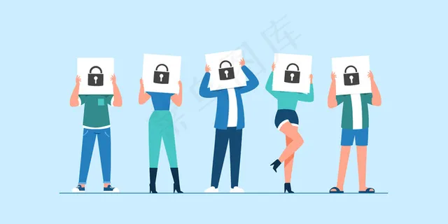 全球数据或个人数据安全、网络数据安全在线概念、互联网安全或信息隐私与保护理念、平面等角图