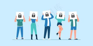 全球数据或个人数据安全、网络数据安全在线概念、互联网安全或信息隐私与保护理念、平面等角图