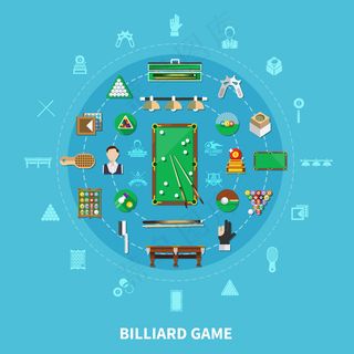 蓝色背景上的台球圆形组合，带有球员、运动设备、游戏徽章、清洁配件