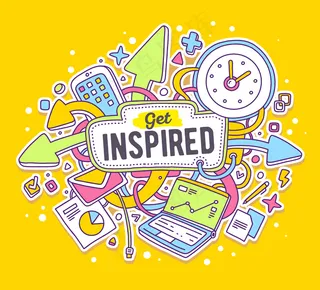 矢量彩色插图的办公对象与文本上的黄色背景。获得灵感的概念。