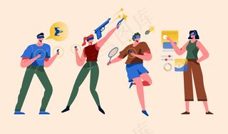 站立和使用虚拟现实耳机的人