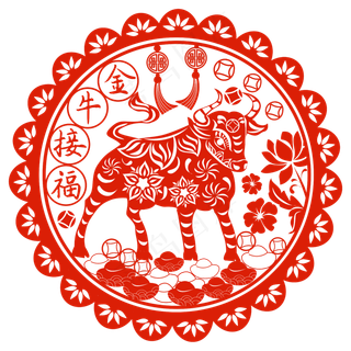 牛年剪纸福字窗花矢量图