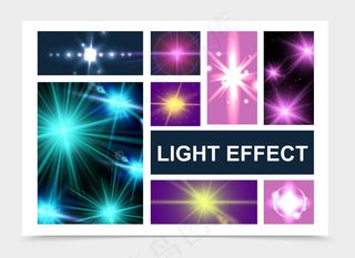 真实的发光和灯光效果设置与闪亮的星星镜头闪光闪光效果隔离