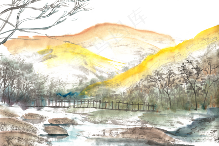 山谷里的秋天水墨画PNG免抠素材(5500X3666(DPI:300))psd模版下载