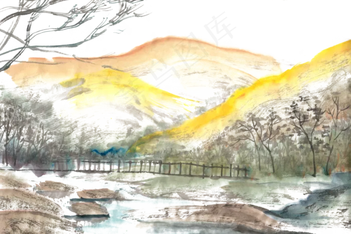 山谷里的秋天水墨画PNG免抠素材(5500X3666(DPI:300))psd模版下载