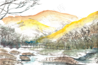 山谷里的秋天水墨画PNG免抠素材
