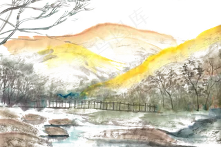 山谷里的秋天水墨画PNG免抠素材