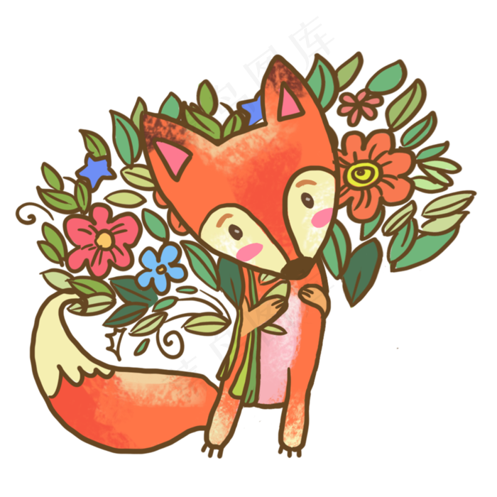 秋天动物狐狸和花素材(2000X2000(DPI:300))psd模版下载