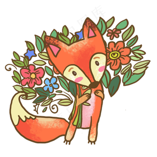 秋天动物狐狸和花素材