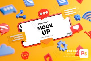 社会媒体概念的卡通设备与图标模型样机在三维渲染