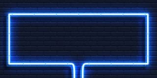 蓝色矩形框架的真实孤立霓虹灯标志，用于模板和墙壁背景上的布局。